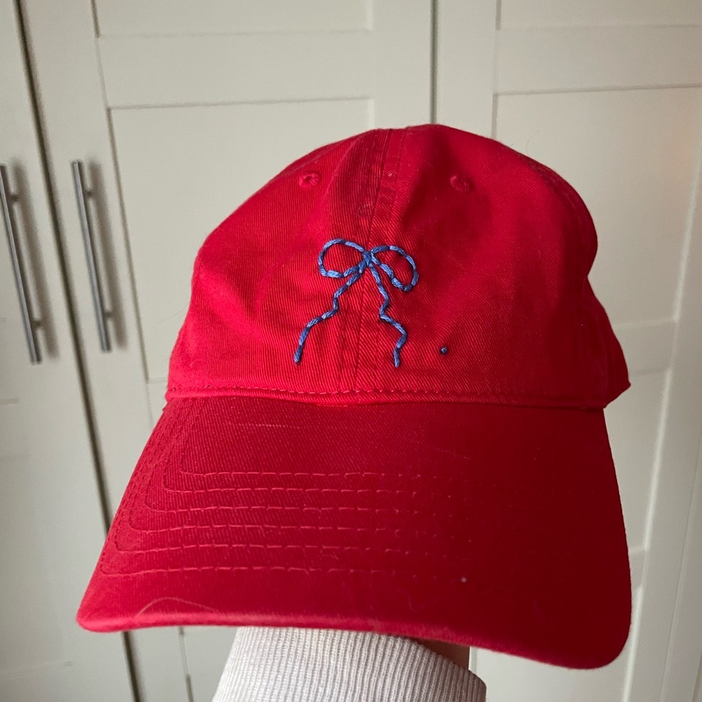 Red Cap with Blue Bow Embroidery